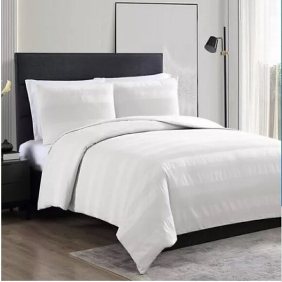 Vera Wang Queen White Waffle Stripe 3-Piece Cotton Duvet Cover Sham Set New - Picture 1 of 4